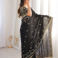 Luxury Black Organza Silk Saree Golden Thread Embroidery Designer Blouse