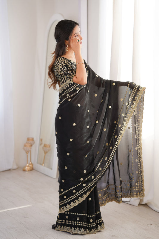 Luxury Black Organza Silk Saree Golden Thread Embroidery Designer Blouse