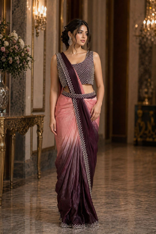  Wine Blush Pink Designer Saree Heavy Stone Blouse Ready To Wear Saree