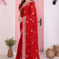 Elegant Red Embroidered Saree with Blouse Party Wear