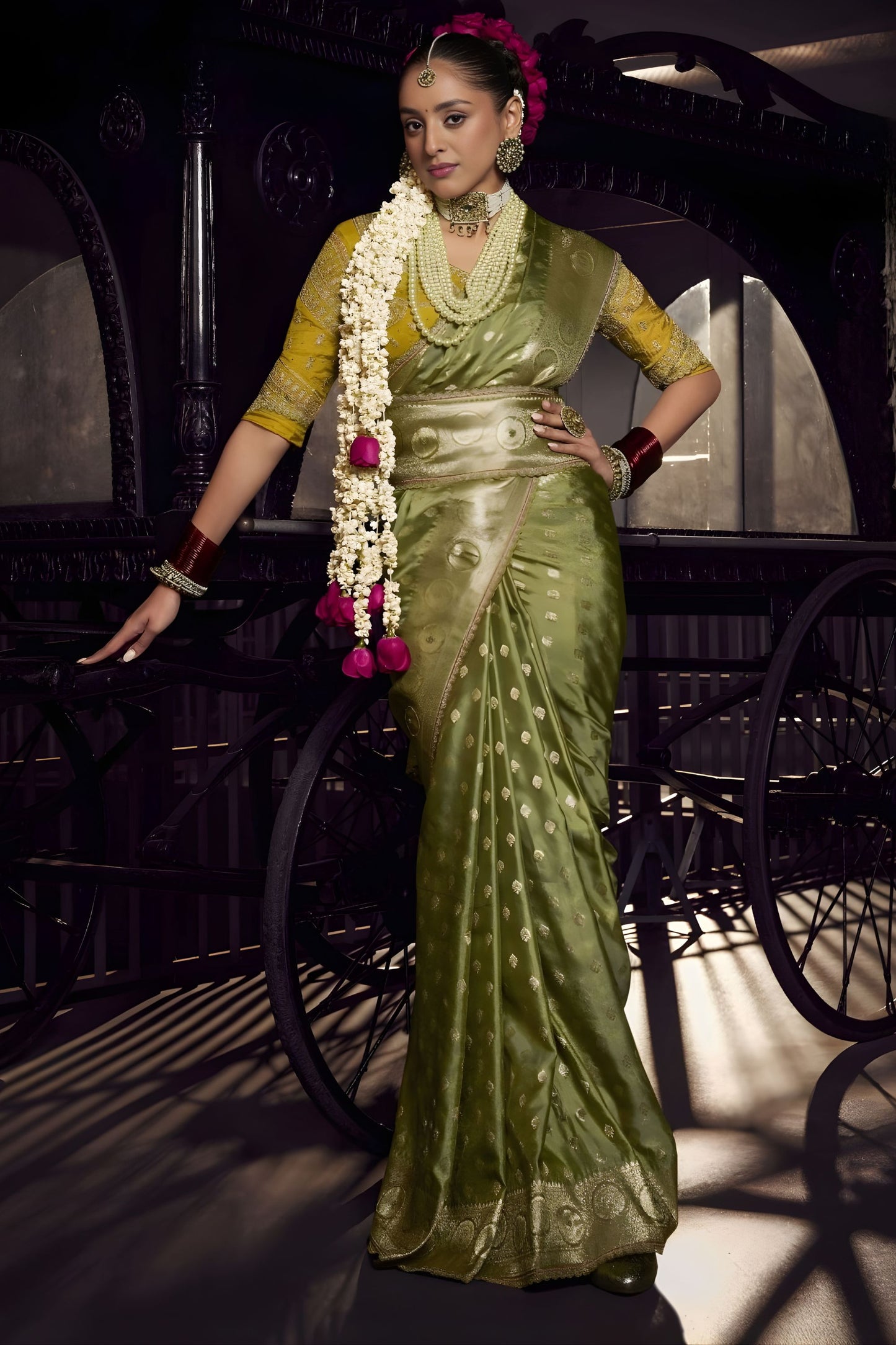 Olive Green Banarasi Silk Saree Rich Gold Zari Weaving Traditional Border