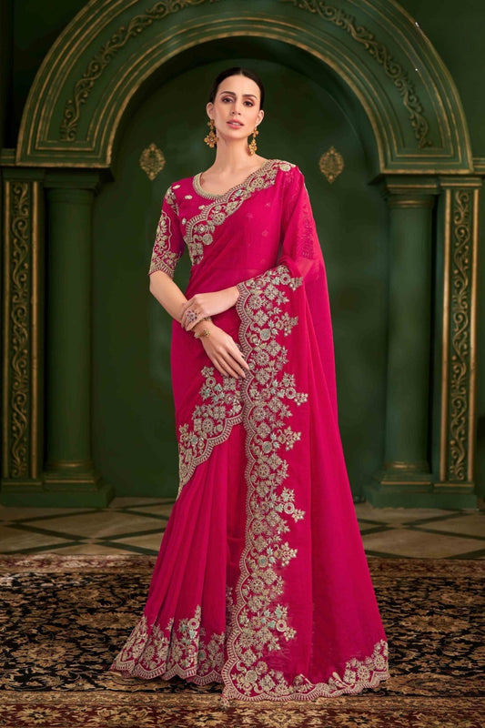  Rani Pink Silk Saree Golden Matching Blouse 