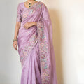 Lavender Embroidered Satin Silk Saree with Floral Designer Border
