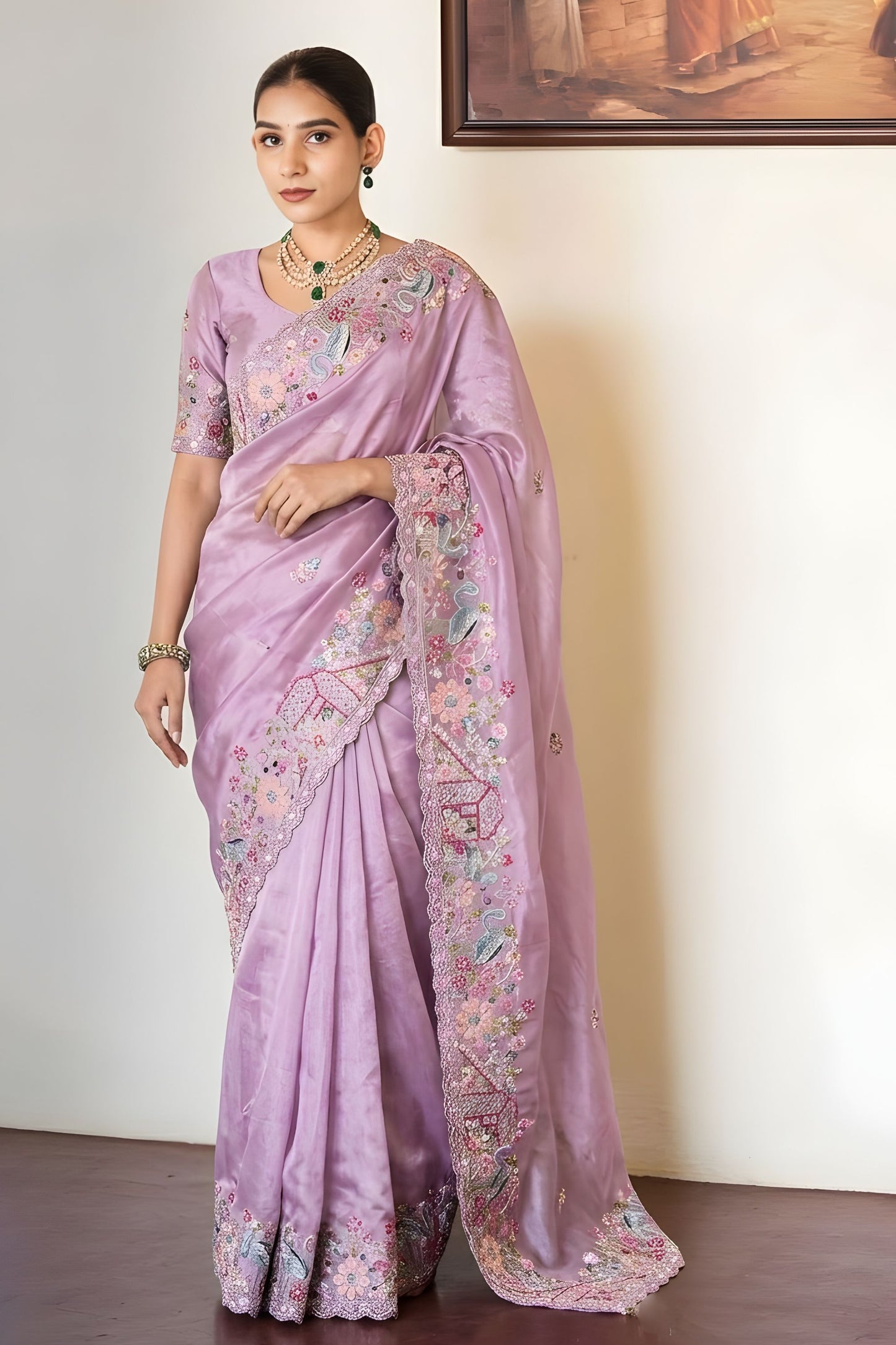Lavender Embroidered Satin Silk Saree with Floral Designer Border