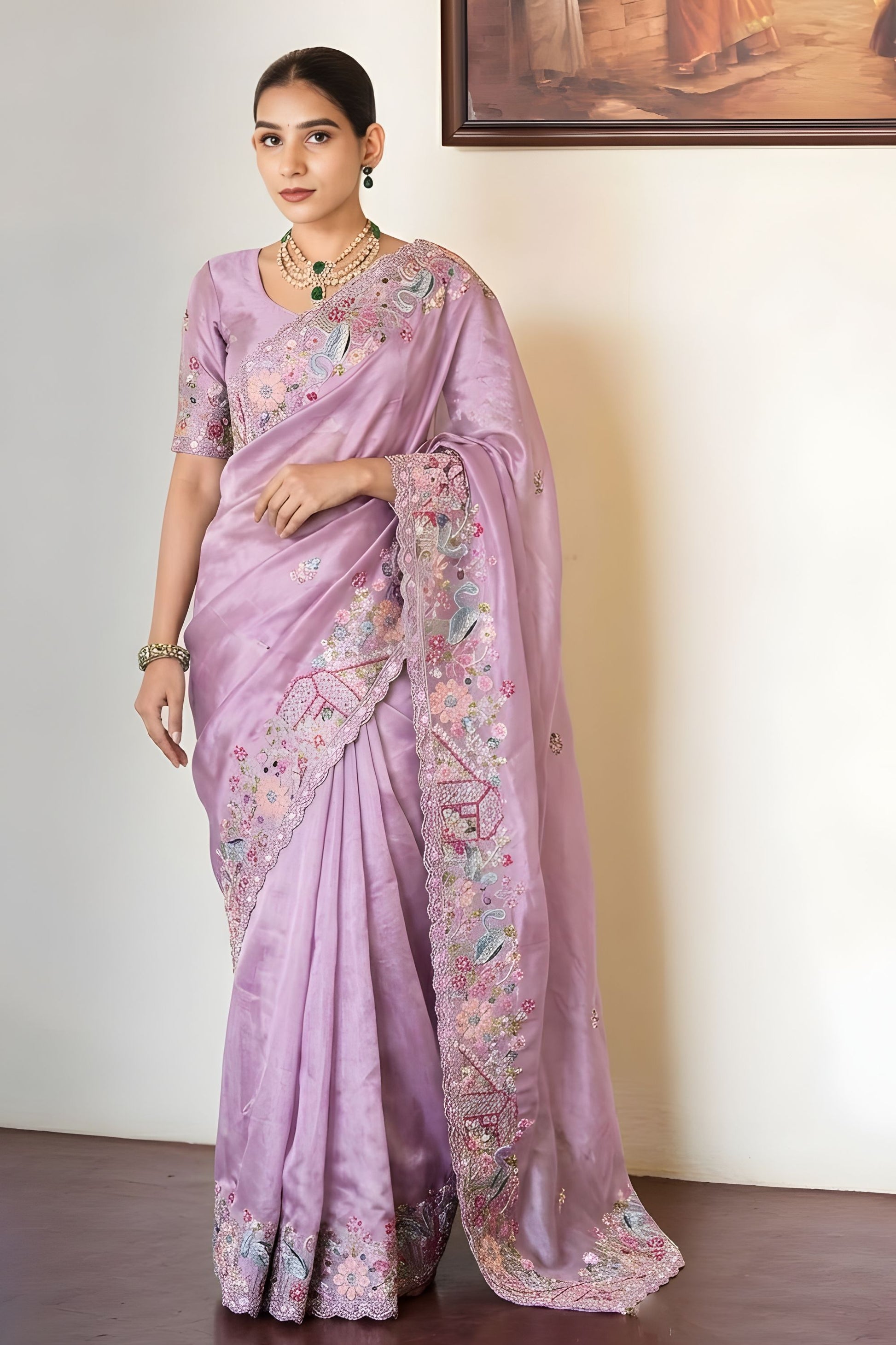 Lavender Embroidered Satin Silk Saree with Floral Designer Border