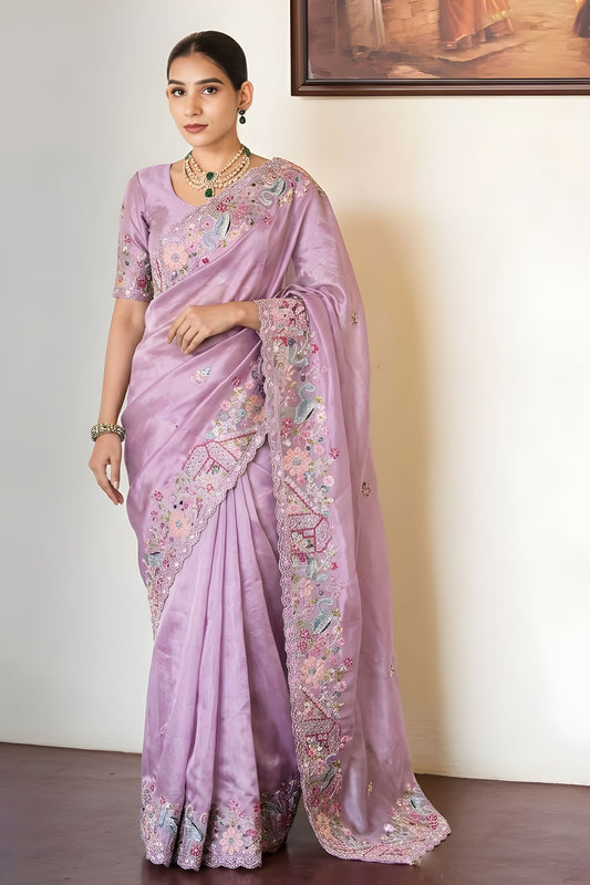 Lavender Embroidered Satin Silk Saree with Floral Designer Border