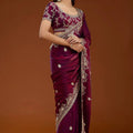 Wine Maroon Embroidered Silk Saree Designer Party Wear Saree