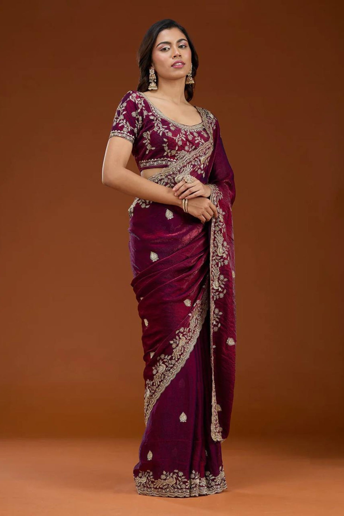 Wine Maroon Embroidered Silk Saree Designer Party Wear Saree