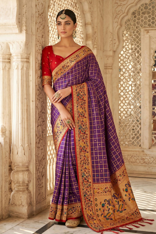 Purple Paithani Silk Saree Traditional Zari Border Designer Red Blouse
