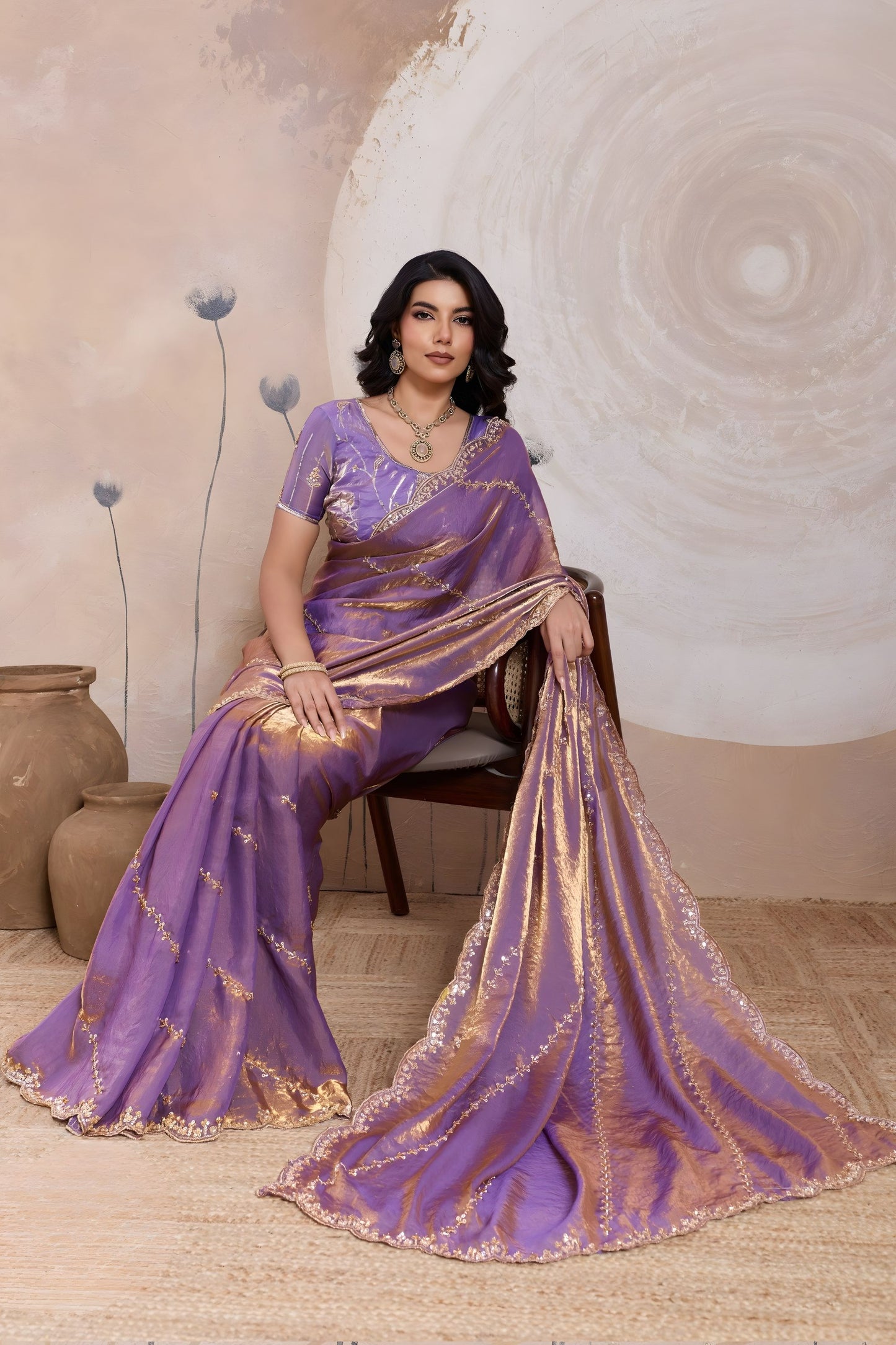 Lavender Purple Silk Saree Golden Zari Embroidery Matching Blouse