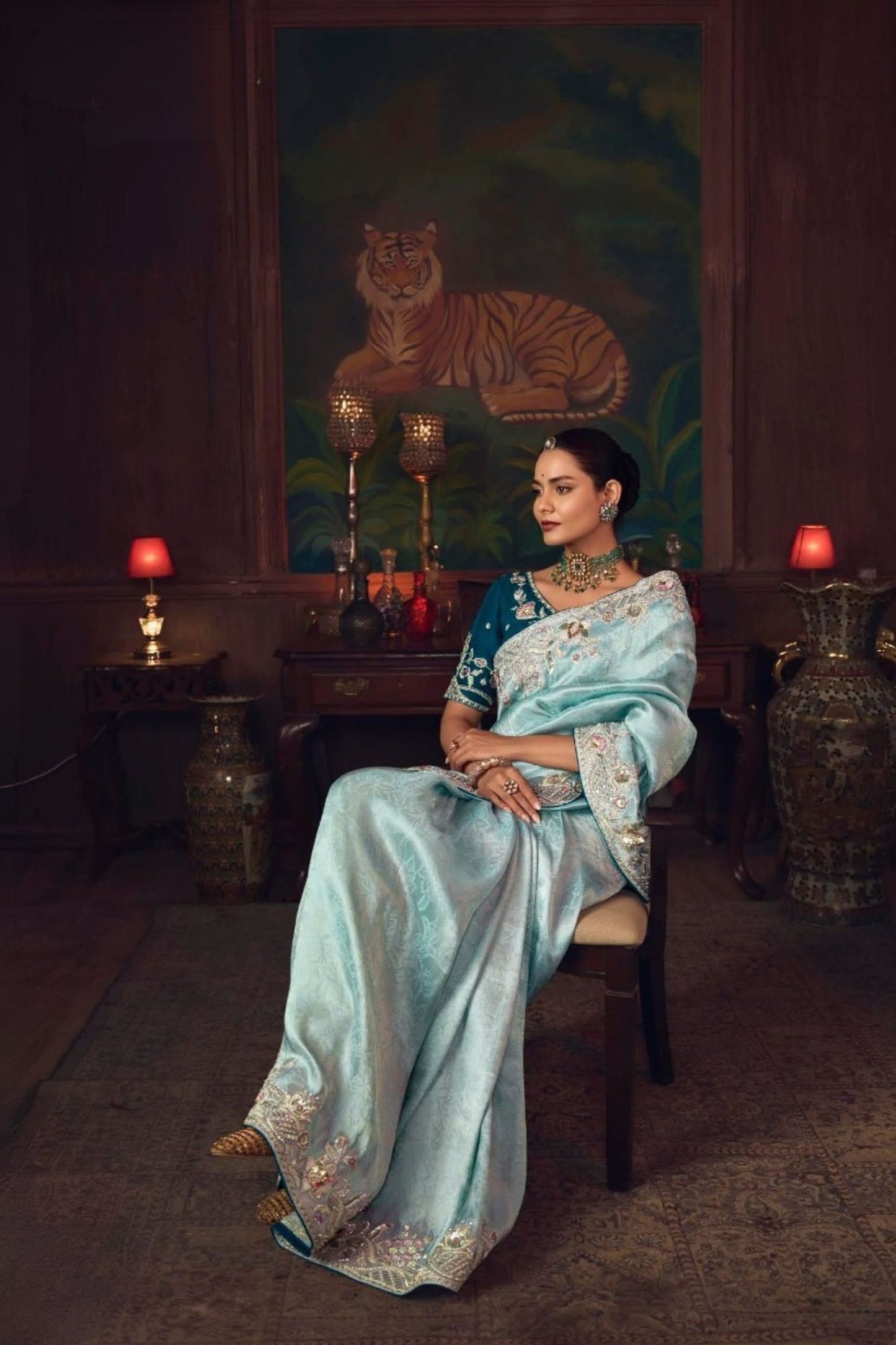 Sky Blue Silk Saree with Heavy Embroidered Border Designer Blouse