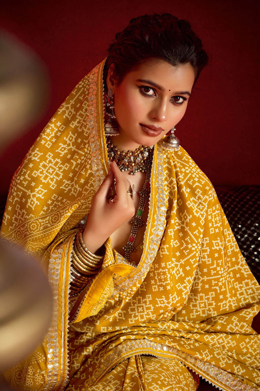 Designer Yellow Bandhani Print Saree with Traditional Border Festive Wear Saree