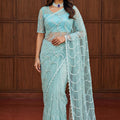 Luxury Sky Blue Net Saree with Sequins Embroidery Party Wear