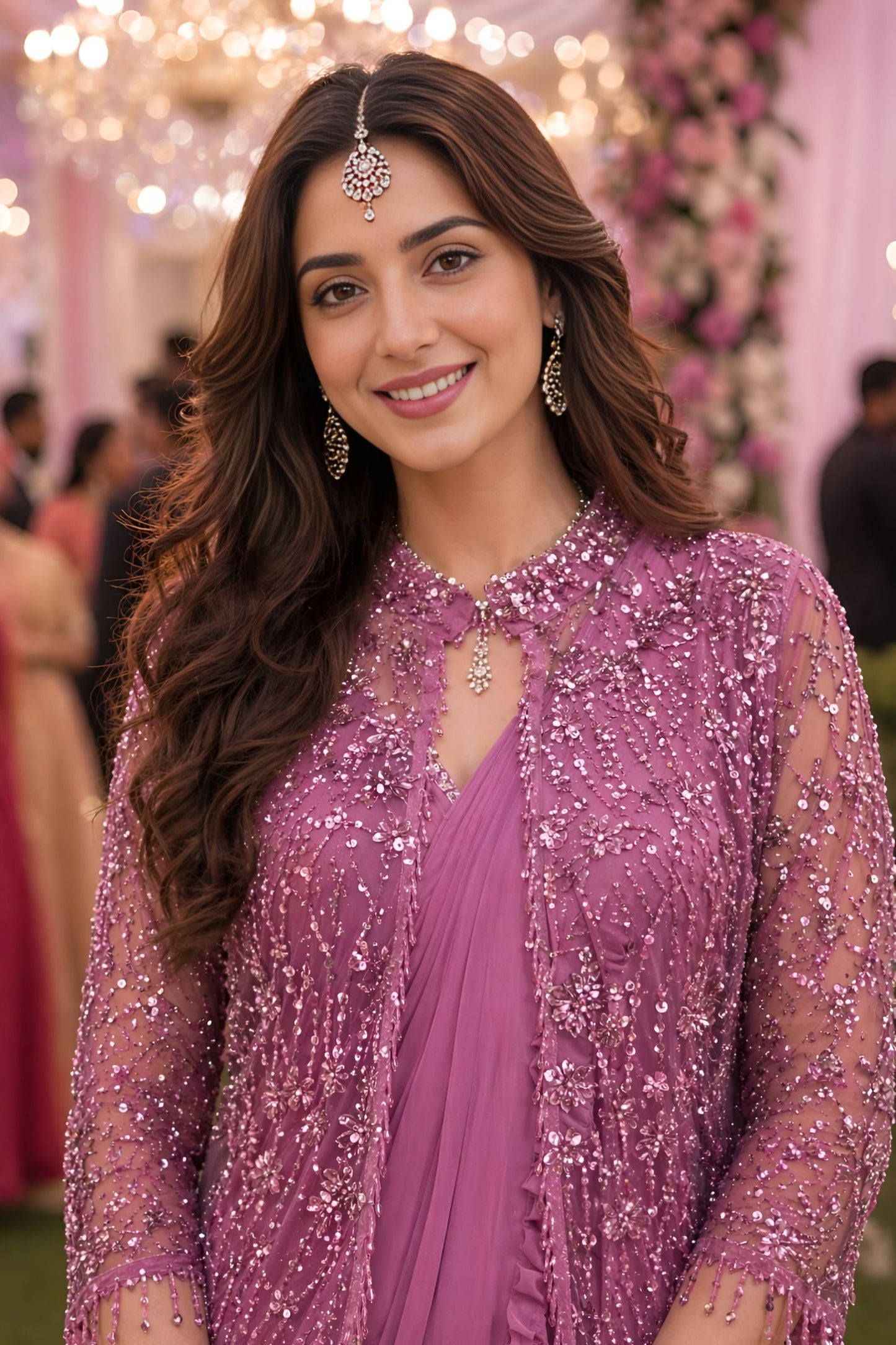 Purple Designer Ruffle Saree Sequins Embroidered Jacket Saree