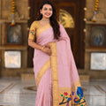 Pink Cotton Silk Saree Golden Border Peacock Floral Designer Pallu
