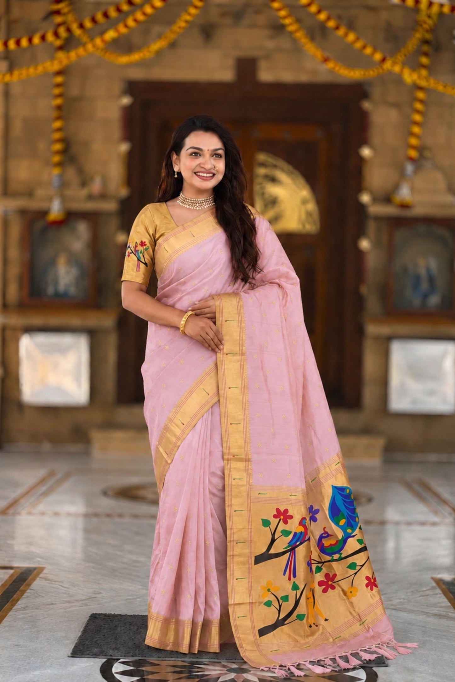 Pink Cotton Silk Saree Golden Border Peacock Floral Designer Pallu