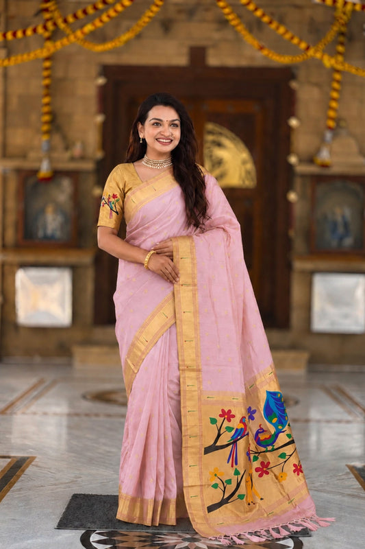Pink Cotton Silk Saree Golden Border Peacock Floral Designer Pallu