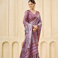 Elegant Lavender Floral Printed Linen Cotton Saree