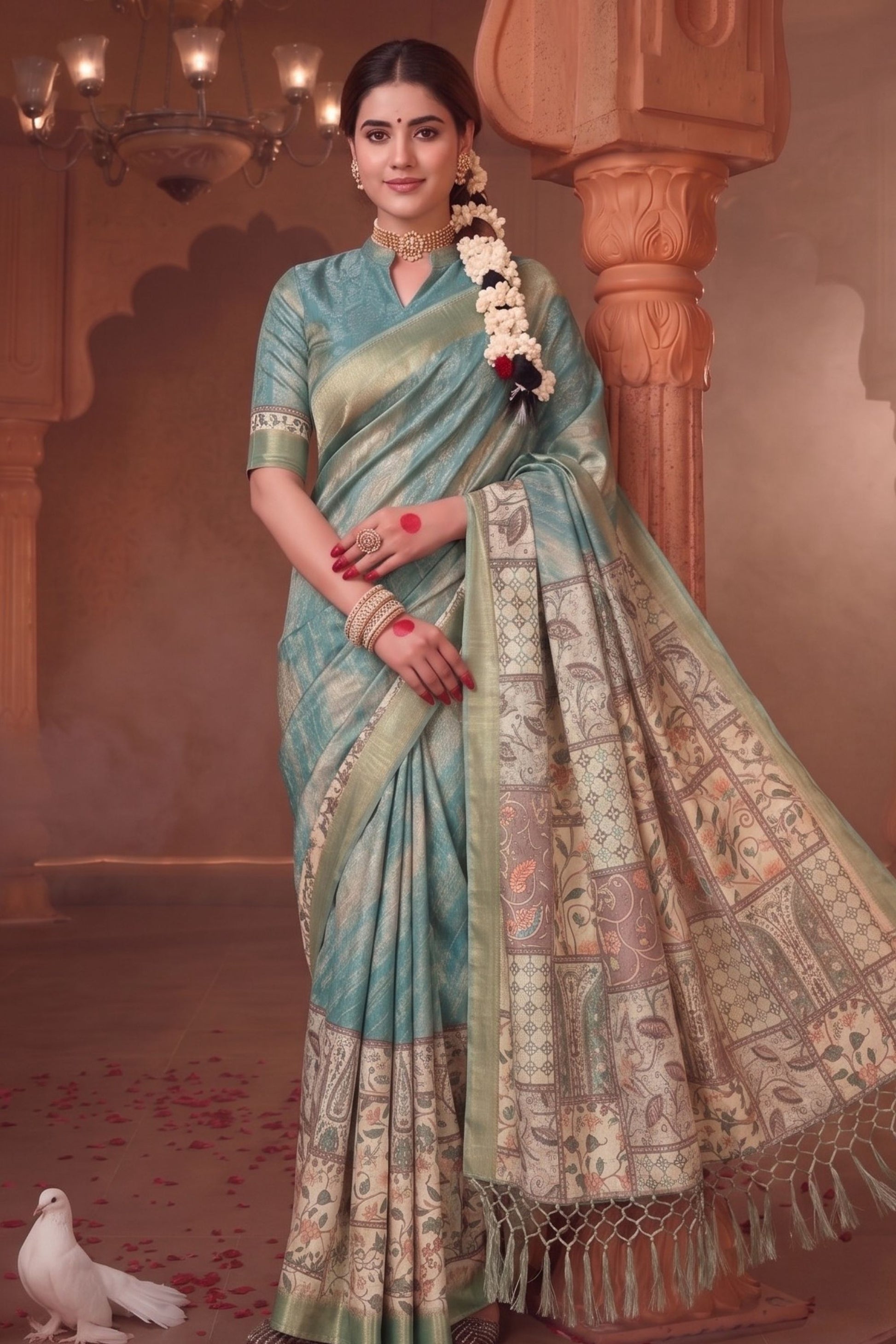 Sky Blue Banarasi Silk Saree with Printed Designer Pallu