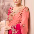 Designer Pink Peach Silk Saree Heavy Floral Embroidery Matching Blouse