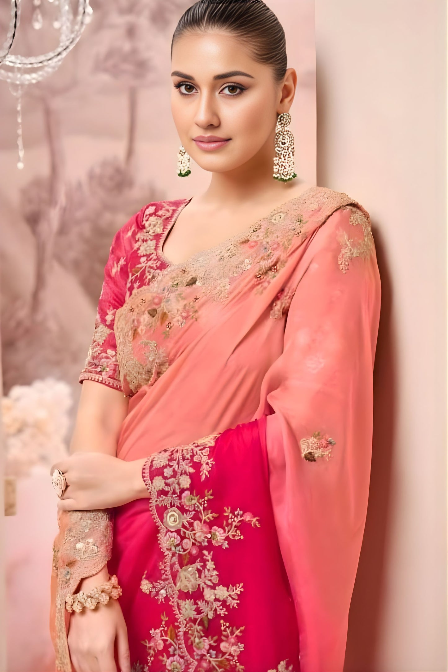 Designer Pink Peach Silk Saree Heavy Floral Embroidery Matching Blouse