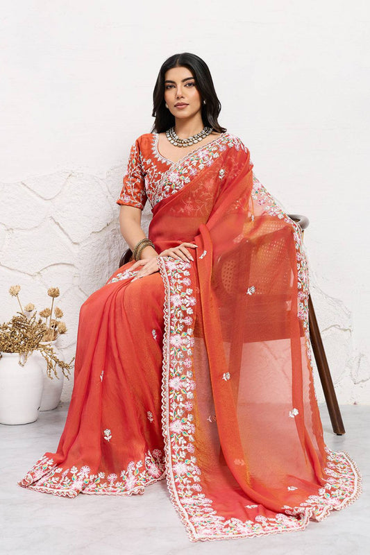Orange Embroidered Georgette Saree with Matching Blouse Festive Wear
