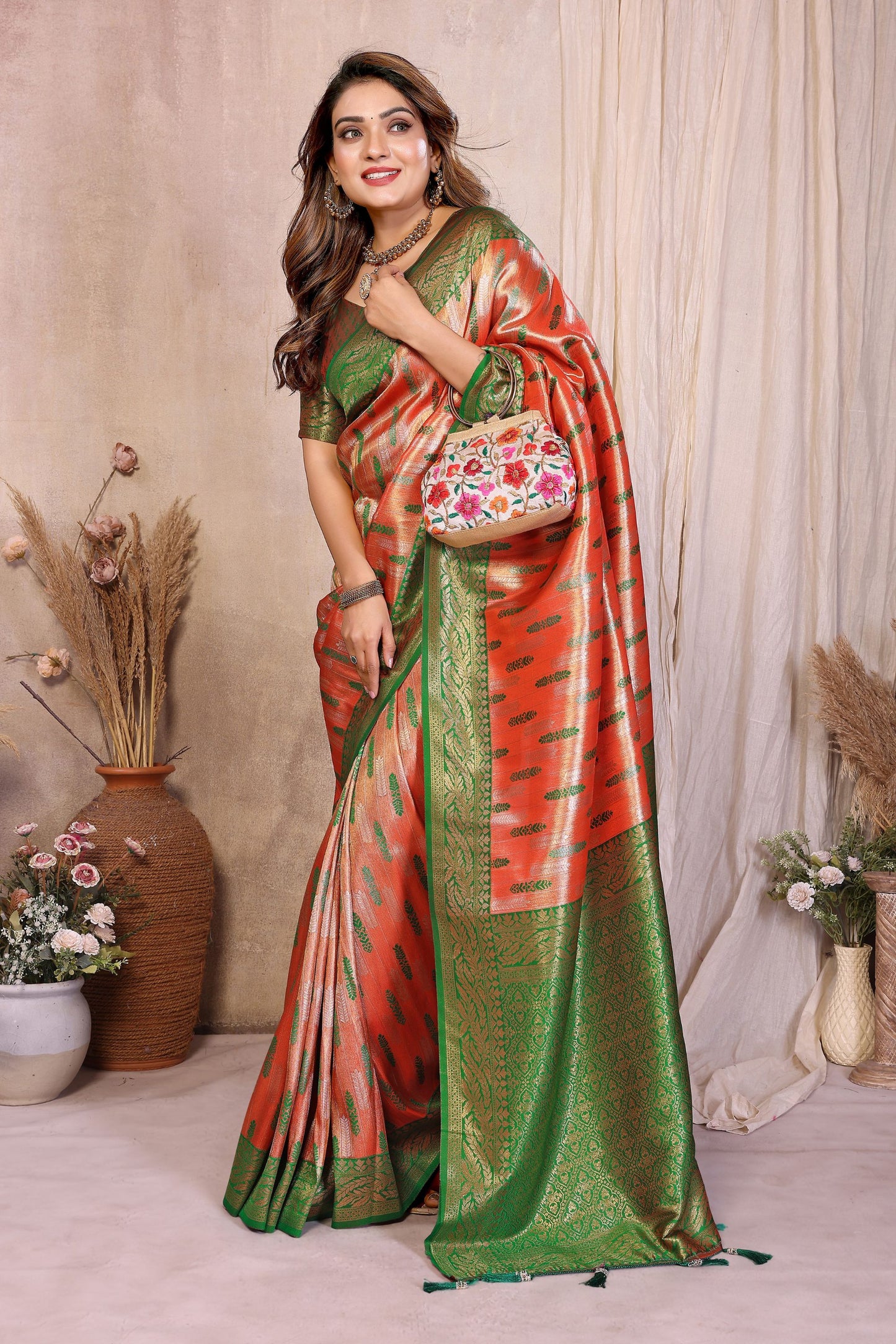 Orange And Green Banarasi Silk Saree with Zari Weaving and Contrast Blouse