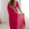 Hot Pink Embroidered Organza Saree Heavy Floral Zari Work Designer Blouse