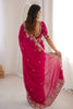 Hot Pink Embroidered Organza Saree Heavy Floral Zari Work Designer Blouse