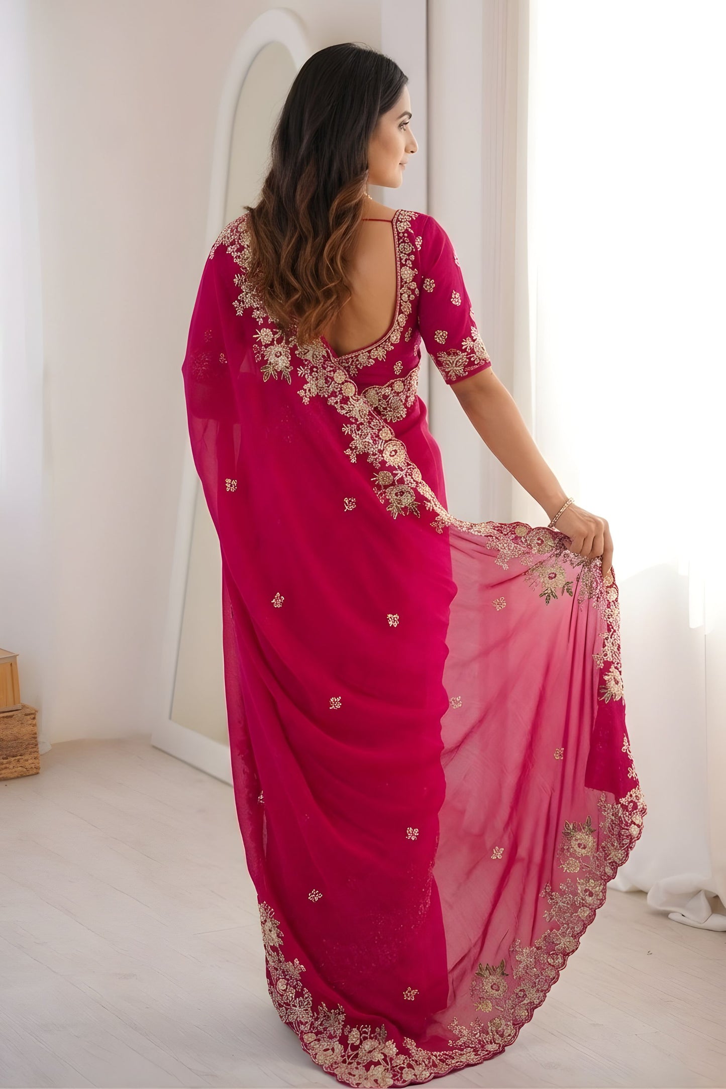 Hot Pink Embroidered Organza Saree Heavy Floral Zari Work Designer Blouse
