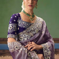 Lavender Organza Saree Heavy Silver Embroidery Border Designer Blouse