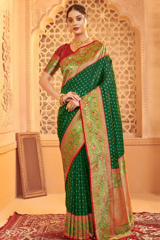 Elegant Green Banarasi Silk Saree Red Blouse Piece Perfect