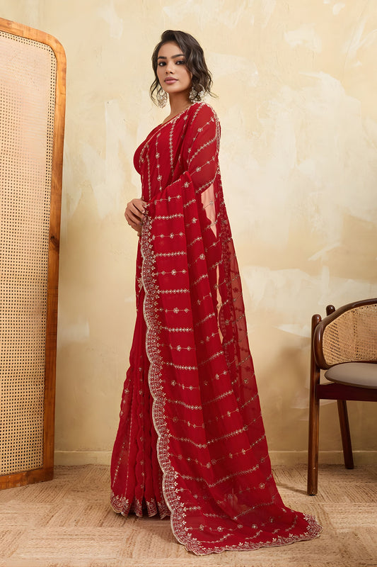 Red Designer Saree Heavy Embroidery Border Sequins Georgette Saree