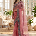 Pink Organza Saree with Embroidered Border Designer Blouse