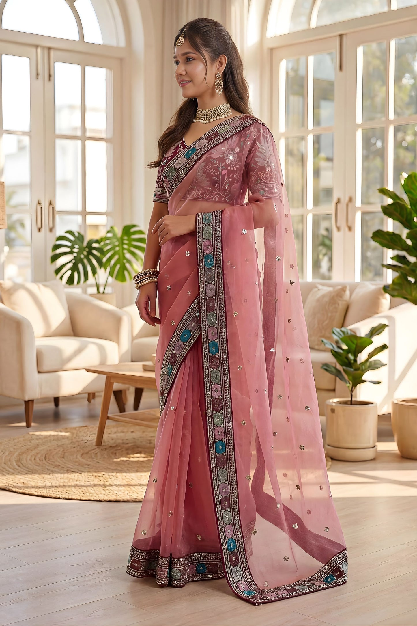 Pink Organza Saree with Embroidered Border Designer Blouse