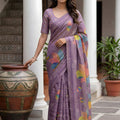 Lavender Printed Linen Silk Saree with Multicolor Leaf Design