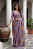 Lavender Printed Linen Silk Saree with Multicolor Leaf Design