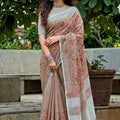 Beige Linen Cotton Saree with Floral Embroidery Woven Border