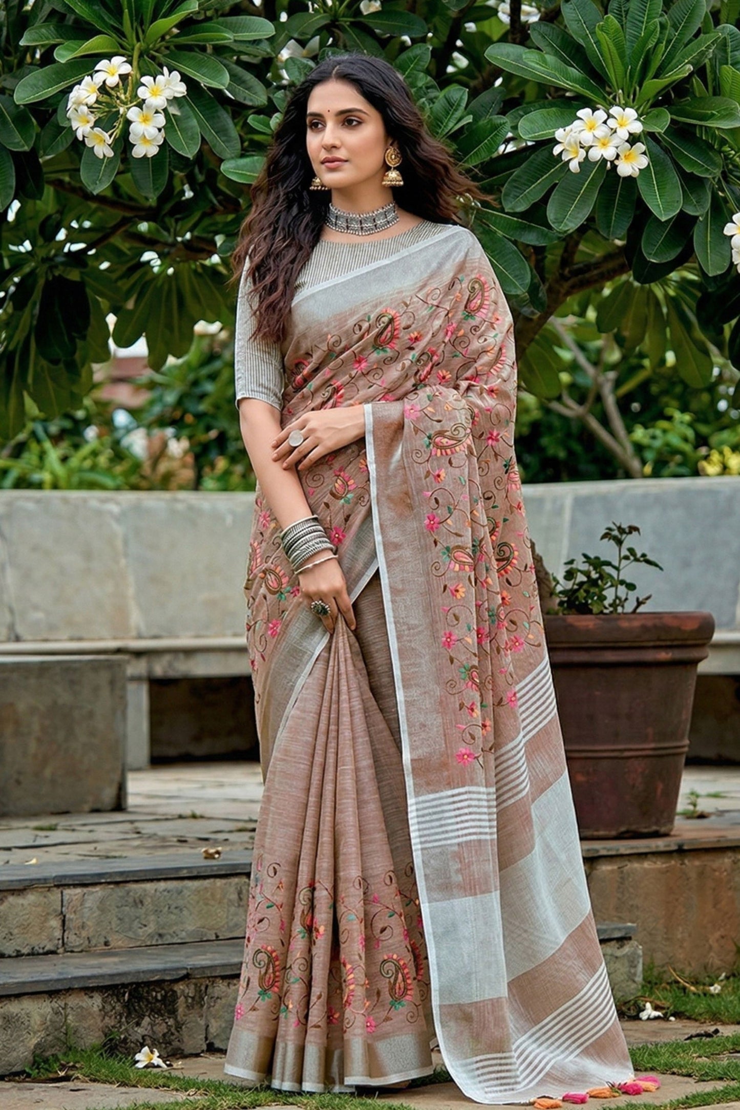 Beige Linen Cotton Saree with Floral Embroidery Woven Border