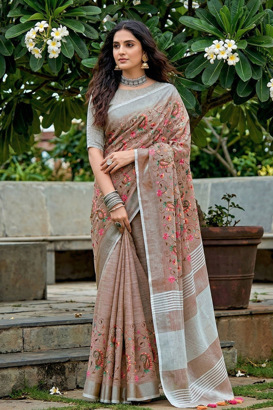 Beige Linen Cotton Saree with Floral Embroidery Woven Border