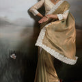 Gold and Pastel Green Silk Saree with White Lace Border
