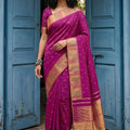Magenta Silk Saree with Golden Zari Border Traditional Buti Design