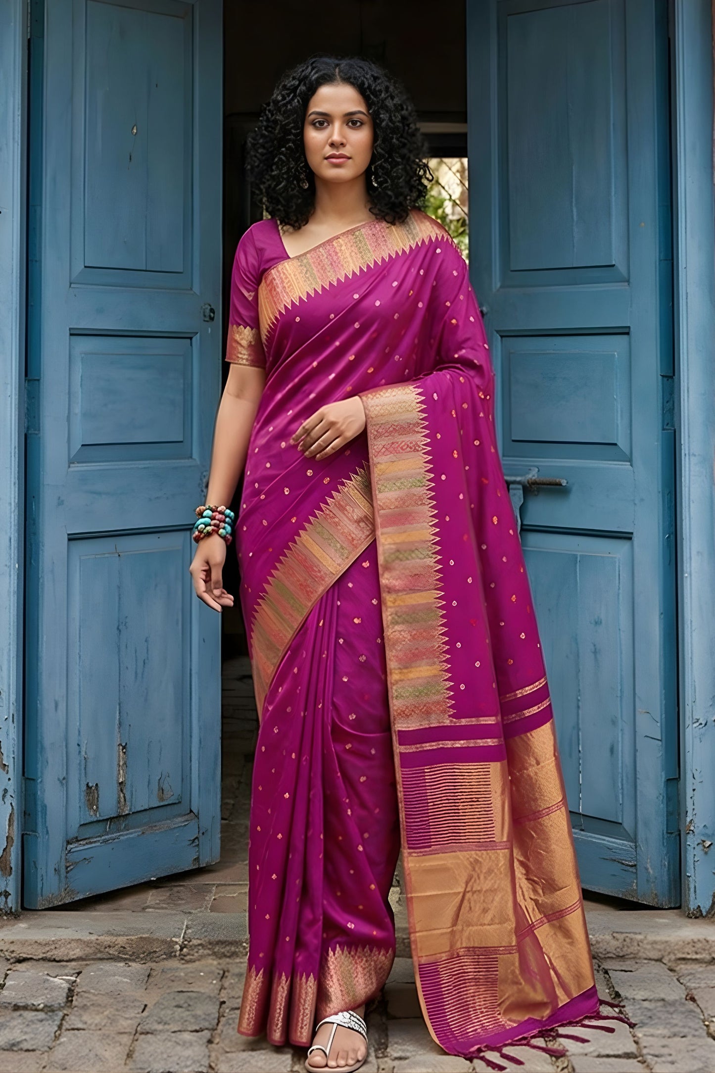 Magenta Silk Saree with Golden Zari Border Traditional Buti Design