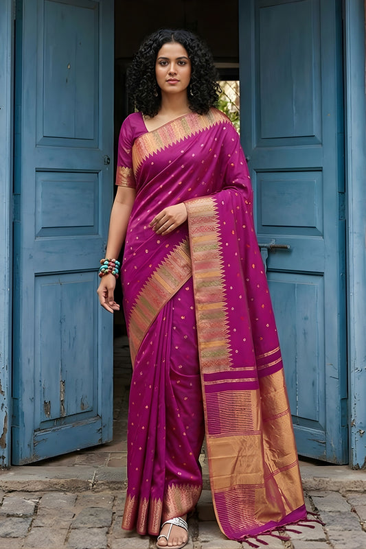 Magenta Silk Saree with Golden Zari Border Traditional Buti Design