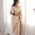 Off White Organza Silk Saree Heavy Golden Embroidered Border Sequins Work