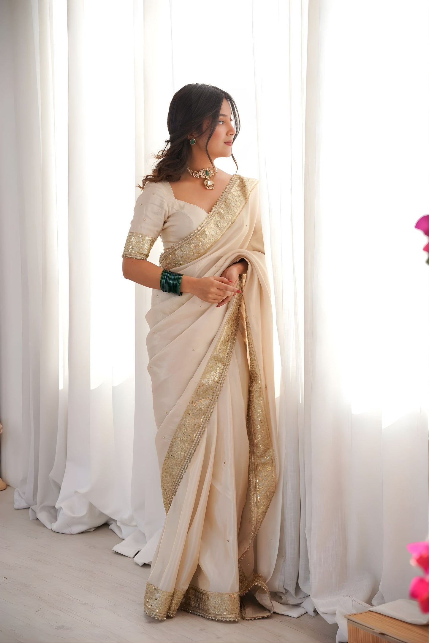 Off White Organza Silk Saree Heavy Golden Embroidered Border Sequins Work