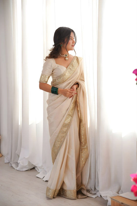 Off White Organza Silk Saree Heavy Golden Embroidered Border Sequins Work