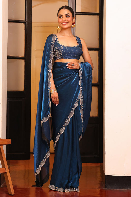 Navy Blue Designer Satin Saree with Embroidered Border Matching Blouse