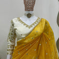 Mustard Yellow Sequins Embroidered Net Saree with Designer Border