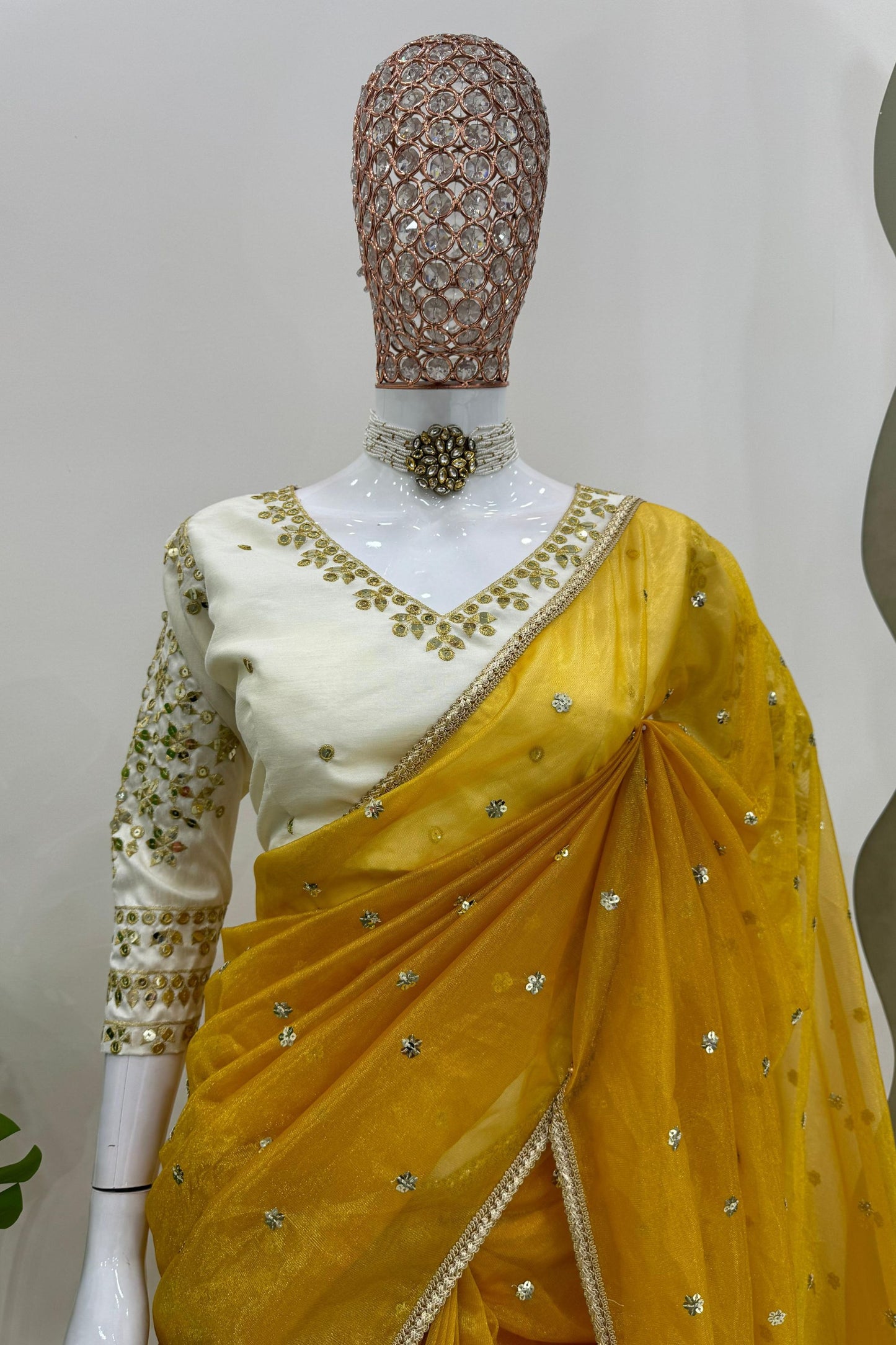 Mustard Yellow Sequins Embroidered Net Saree with Designer Border